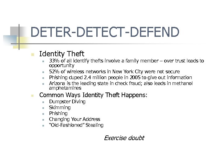 DETER-DETECT-DEFEND n Identity Theft n n n 33% of all identify thefts involve a