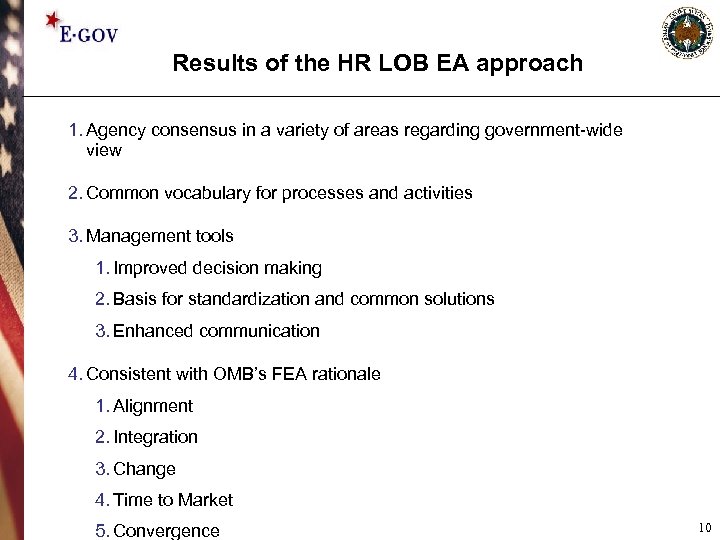 Results of the HR LOB EA approach 1. Agency consensus in a variety of