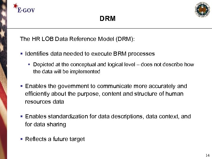 DRM The HR LOB Data Reference Model (DRM): § Identifies data needed to execute