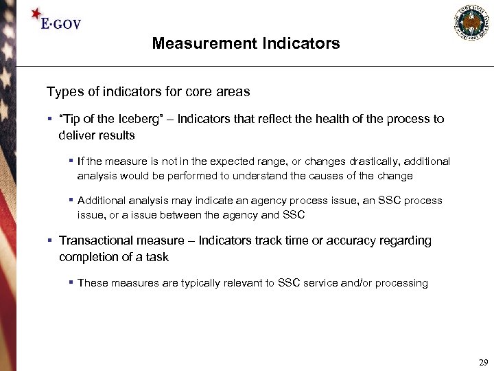 Measurement Indicators Types of indicators for core areas § “Tip of the Iceberg” –