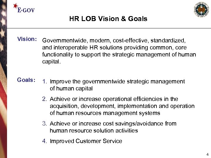 HR LOB Vision & Goals Vision: Governmentwide, modern, cost-effective, standardized, and interoperable HR solutions