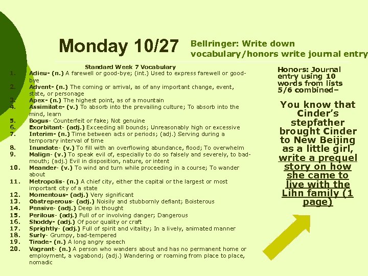 Monday 10/27 1. 2. 3. 4. 5. 6. 7. 8. 9. 10. 11. 12.