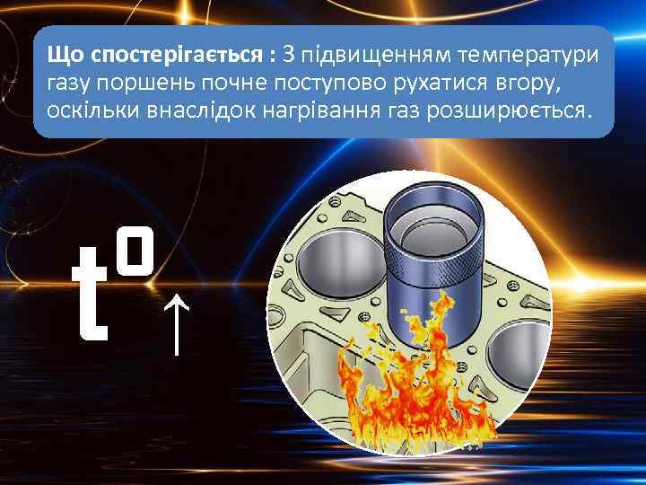 Що спостерігається : З підвищенням температури газу поршень почне поступово рухатися вгору, оскільки внаслідок