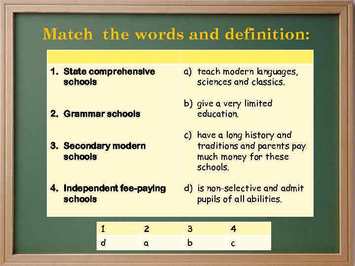 Match the words and definition: 1. State comprehensive schools a) teach modern languages, sciences