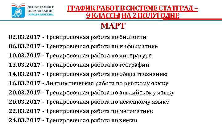 ГРАФИК РАБОТ В СИСТЕМЕ СТАТГРАД – 9 КЛАССЫ НА 2 ПОЛУГОДИЕ МАРТ 02. 03.