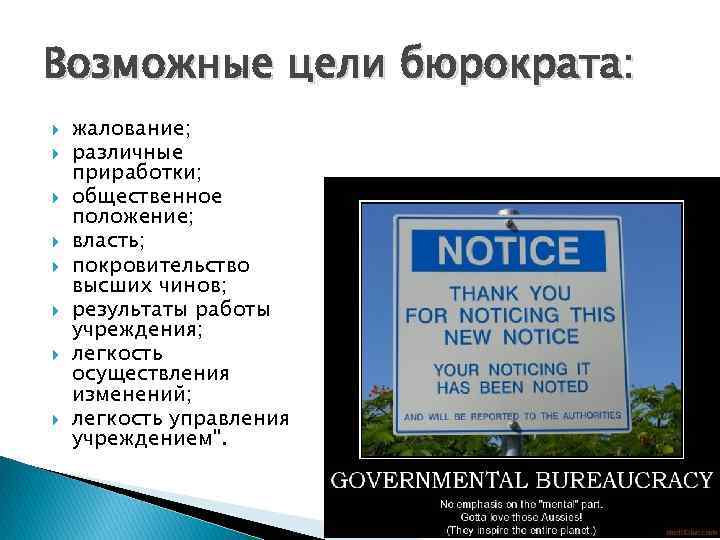 Возможные цели бюрократа: жалование; различные приработки; общественное положение; власть; покровительство высших чинов; результаты работы
