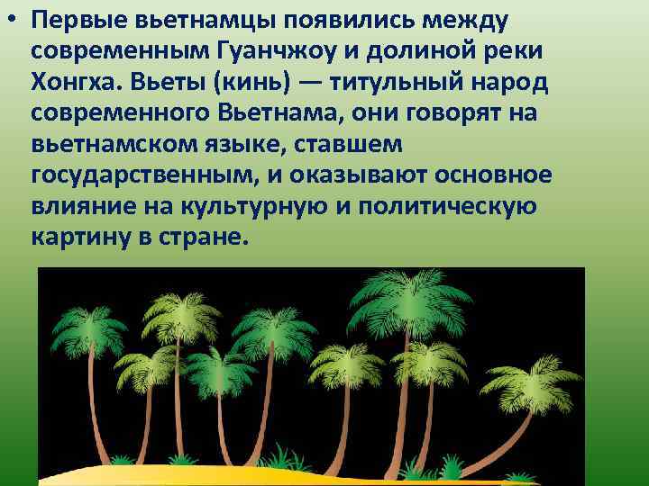 • Первые вьетнамцы появились между современным Гуанчжоу и долиной реки Хонгха. Вьеты (кинь)