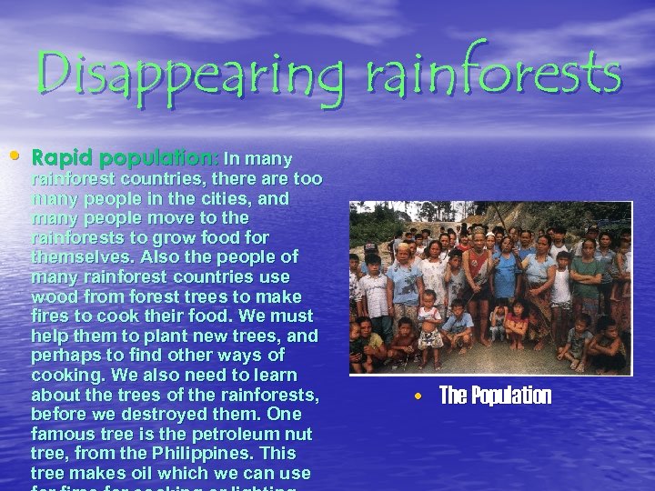Disappearing rainforests • Rapid population: In many rainforest countries, there are too many people