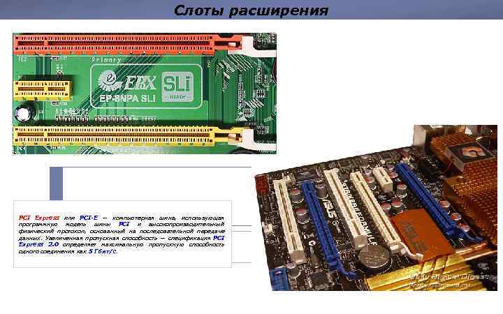 Слоты расширения PCI Express или PCI-E — компьютерная шина, использующая программную модель шины PCI