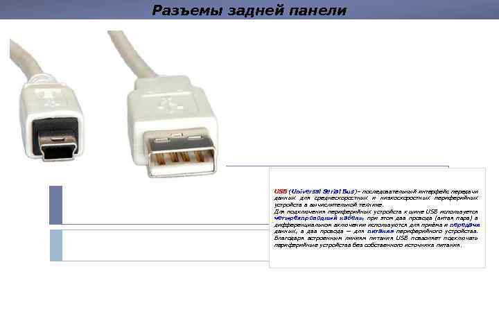 Разъемы задней панели USB (Universal Serial Bus)– последовательный интерфейс передачи данных для среднескоростных и