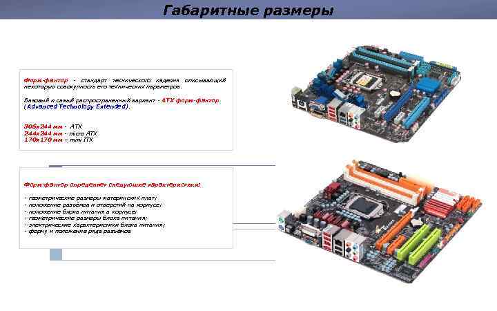 Габаритные размеры Форм-фактор - стандарт технического изделия описывающий некоторую совокупность его технических параметров. Базовый