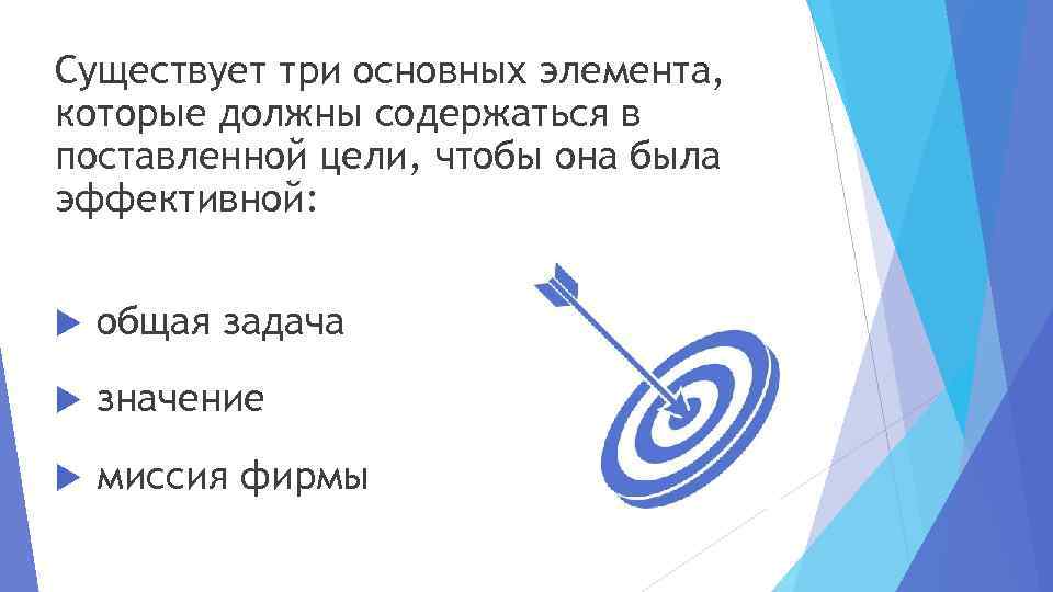 Существует три основных элемента, которые должны содержаться в поставленной цели, чтобы она была эффективной: