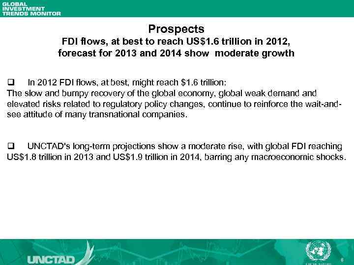 Prospects FDI flows, at best to reach US$1. 6 trillion in 2012, forecast for