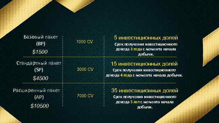 Базовый пакет (BP) 1000 CV $1500 Стандартный пакет (SP) $10500 Срок получения инвестиционного дохода