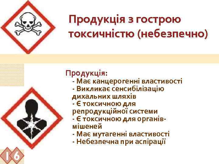 Продукція з гострою токсичністю (небезпечно) Продукція: - Має канцерогенні властивості Викликає сенсибілізацію дихальних шляхів