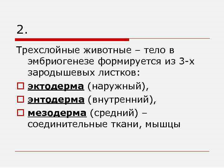 2. Трехслойные животные – тело в эмбриогенезе формируется из 3 -х зародышевых листков: o