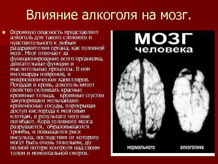 Влияние алкоголя на мозг. n Огромную опасность представляет алкоголь для такого сложного и чувствительного