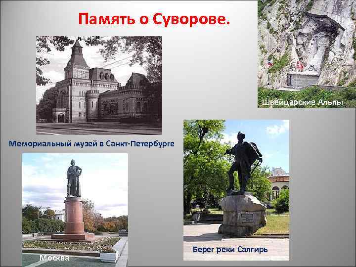 Память о Суворове. Швейцарские Альпы Мемориальный музей в Санкт-Петербурге Москва Берег реки Салгирь 