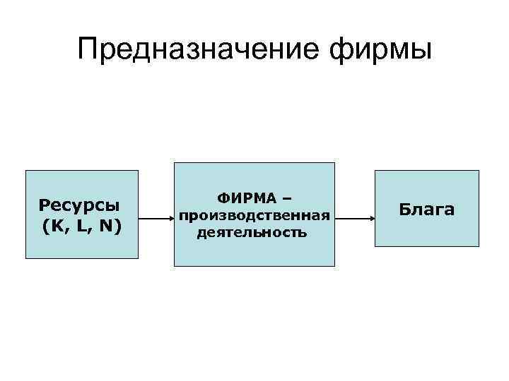 Предназначение фирмы Ресурсы (K, L, N) ФИРМА – производственная деятельность Блага 