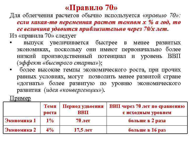  «Правило 70» Для облегчения расчетов обычно используется «правило 70» : если какая-то переменная