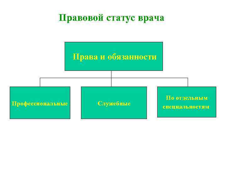 Правовой статус врача Права и обязанности Профессиональные Служебные По отдельным специальностям 