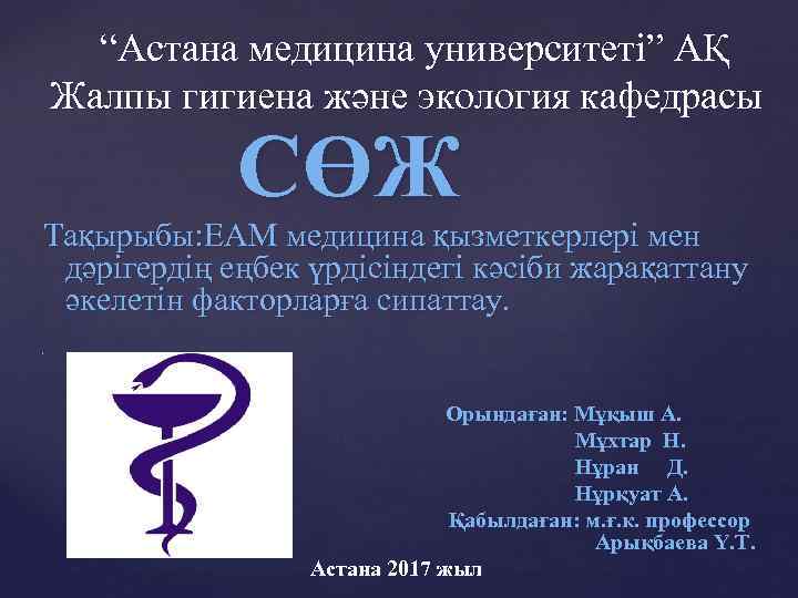  “Астана медицина университеті” АҚ Жалпы гигиена және экология кафедрасы СӨЖ Тақырыбы: ЕАМ медицина