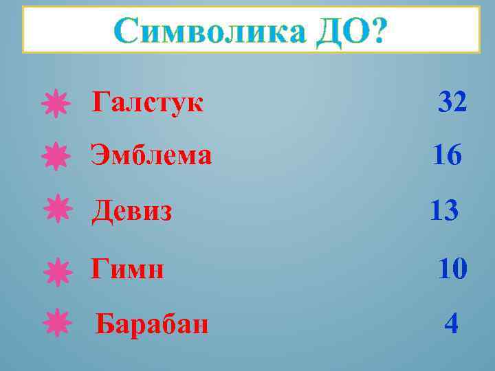 Символика ДО? Галстук 32 Эмблема 16 Девиз 13 Гимн 10 Барабан 4 