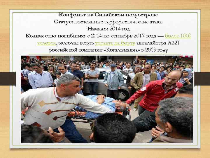 Конфликт на Синайском полуострове Статус: постоянные террористические атаки Начало: 2014 год Количество погибших: с