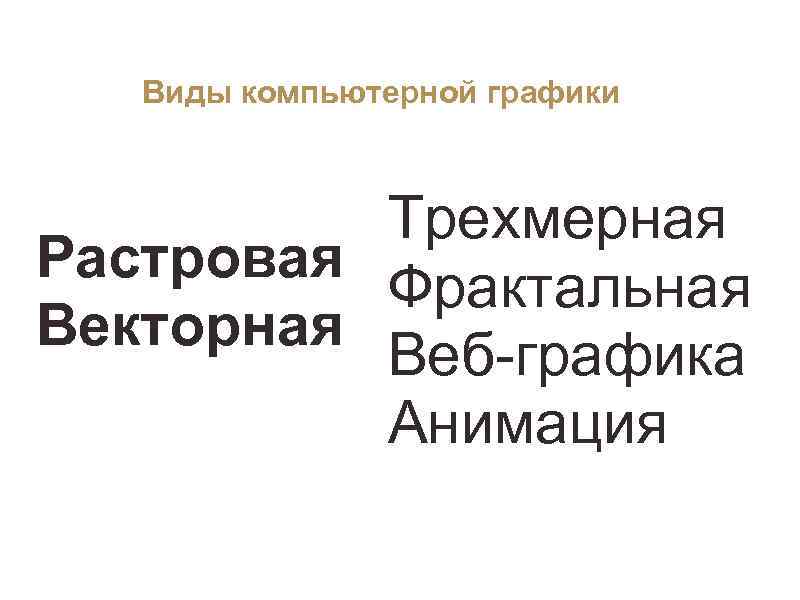  Виды компьютерной графики Трехмерная Растровая Фрактальная Векторная Веб-графика Анимация 