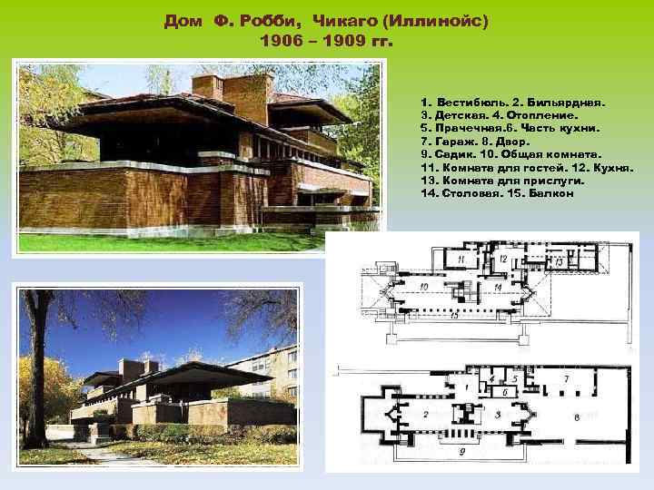 Дом Ф. Робби, Чикаго (Иллинойс) 1906 – 1909 гг. 1. Вестибюль. 2. Бильярдная. 3.