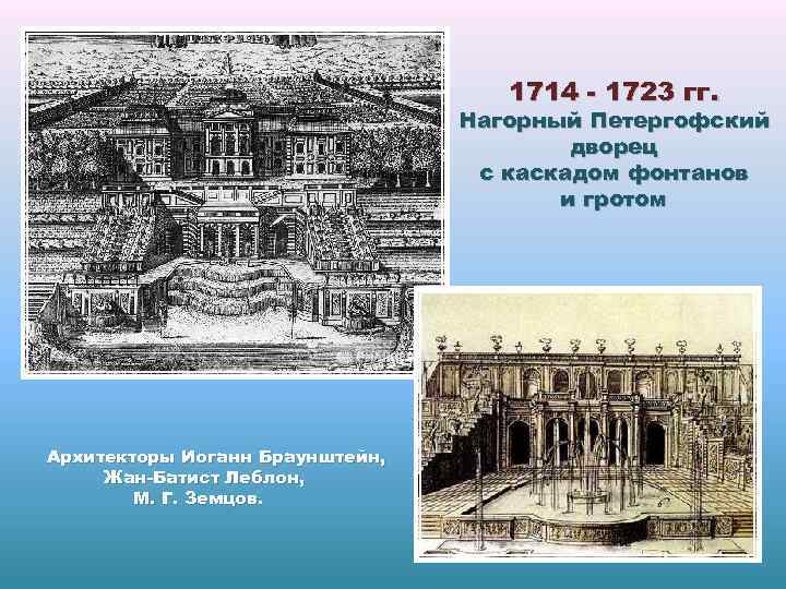 1714 - 1723 гг. Нагорный Петергофский дворец с каскадом фонтанов и гротом Архитекторы Иоганн