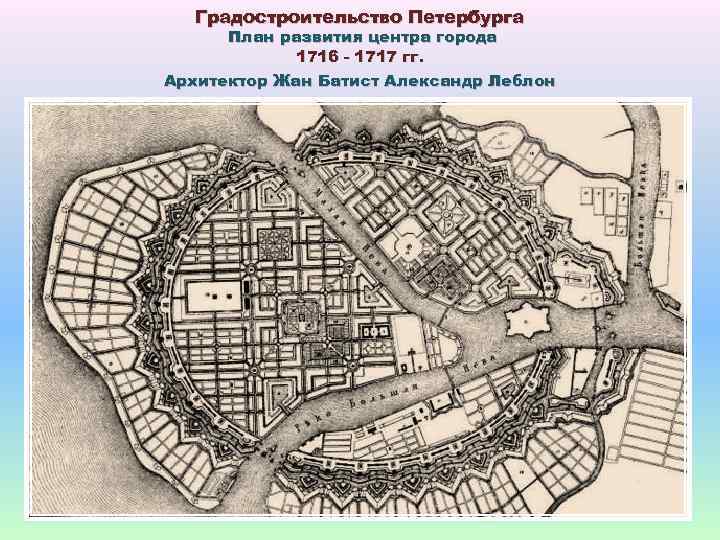 Градостроительство Петербурга План развития центра города 1716 - 1717 гг. Архитектор Жан Батист Александр