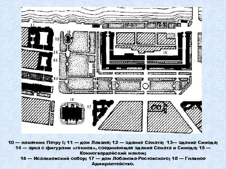 10 — памятник Петру I; 11 — дом Лаваля; 12 — здание Сената; 13—