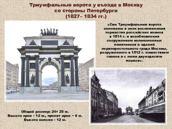 Триумфальные ворота у въезда в Москву со стороны Петербурга (1827– 1834 гг. ) «Сии
