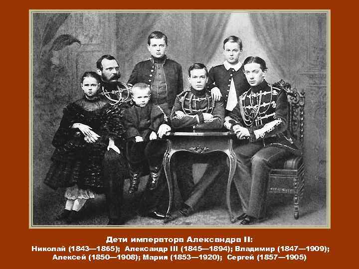 Дети императора Александра II: Николай (1843— 1865); Александр III (1845— 1894); Владимир (1847— 1909);