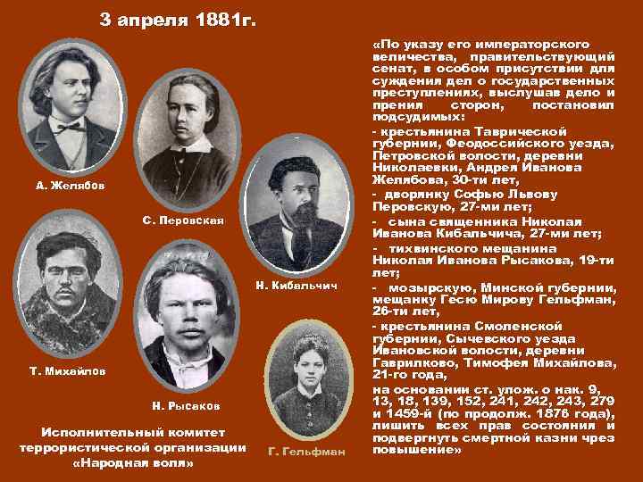 3 апреля 1881 г. А. Желябов С. Перовская Н. Кибальчич Т. Михайлов Н. Рысаков