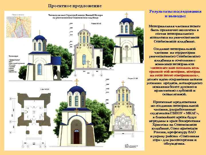 Проектное предложение Часовня во имя Страстной иконы Божией Матери на уничтоженном Семеновском кладбище Результаты