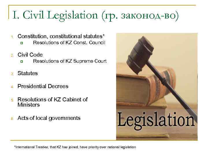 I. Civil Legislation (гр. законод-во) 1. Constitution, constitutional statutes* p 2. Resolutions of KZ
