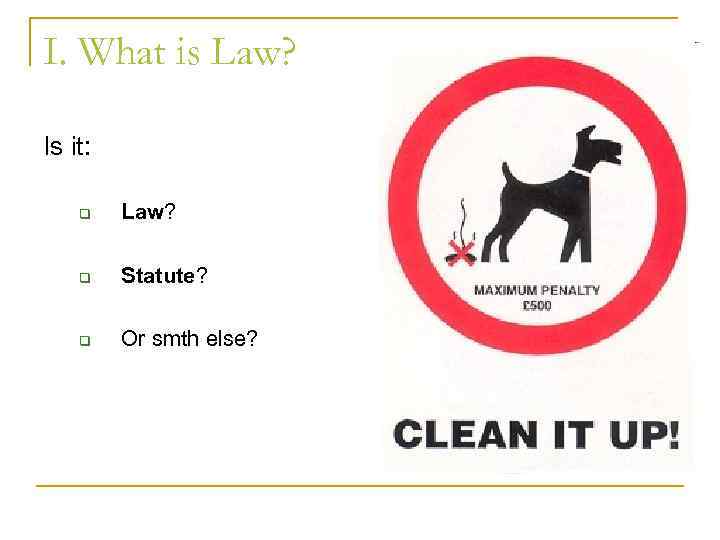 I. What is Law? Is it: q Law? q Statute? q Or smth else?