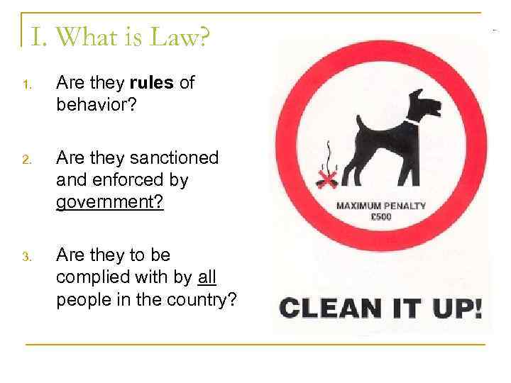 I. What is Law? 1. Are they rules of behavior? 2. Are they sanctioned