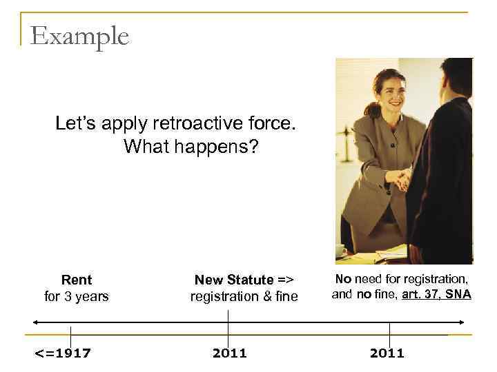 Example Let’s apply retroactive force. What happens? Rent for 3 years <=1917 New Statute