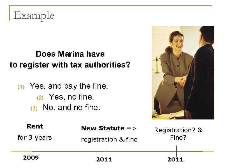 Example Does Marina have to register with tax authorities? (1) Yes, and pay the