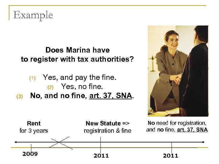 Example Does Marina have to register with tax authorities? Yes, and pay the fine.