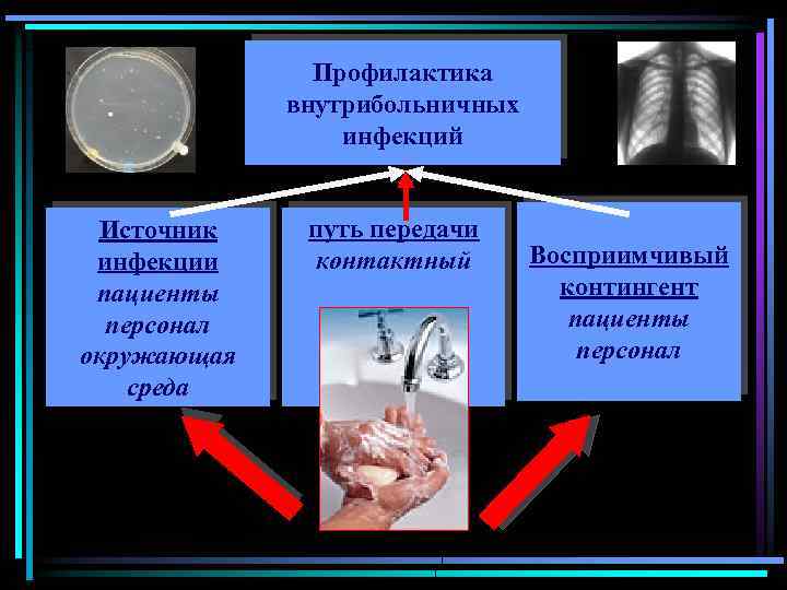 Профилактика внутрибольничных инфекций Источник инфекции пациенты персонал окружающая среда путь передачи контактный Восприимчивый контингент