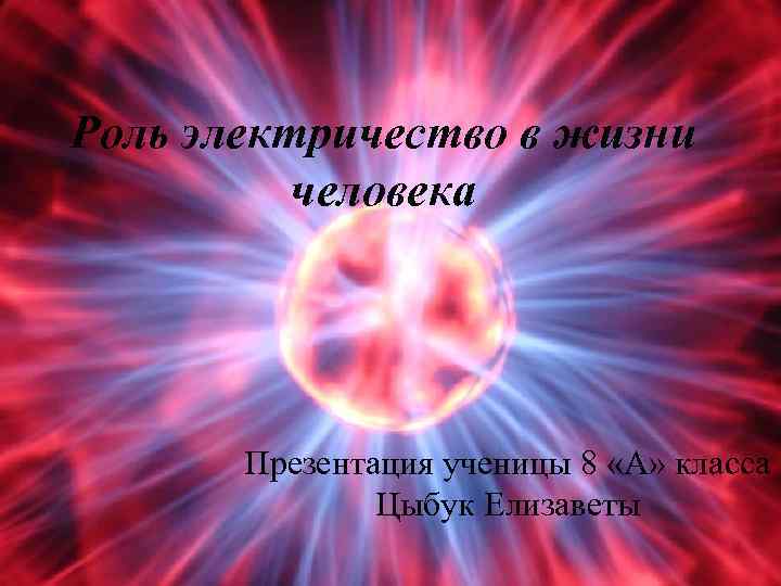 Роль электричество в жизни человека Презентация ученицы 8 «А» класса Цыбук Елизаветы 