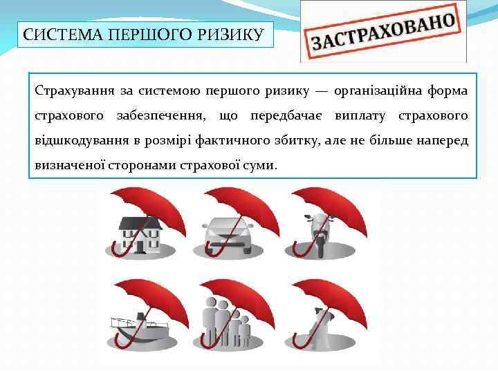 СИСТЕМА ПЕРШОГО РИЗИКУ Страхування за системою першого ризику — організаційна форма страхового забезпечення, що