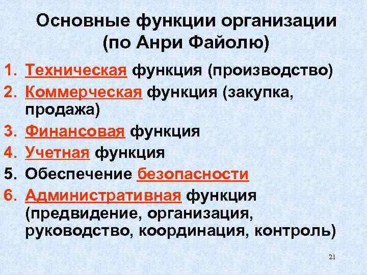 Основные функции организации (по Анри Файолю) 1. Техническая функция (производство) 2. Коммерческая функция (закупка,