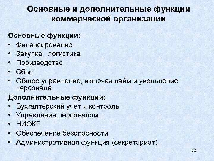 Основные и дополнительные функции коммерческой организации Основные функции: • Финансирование • Закупка, логистика •