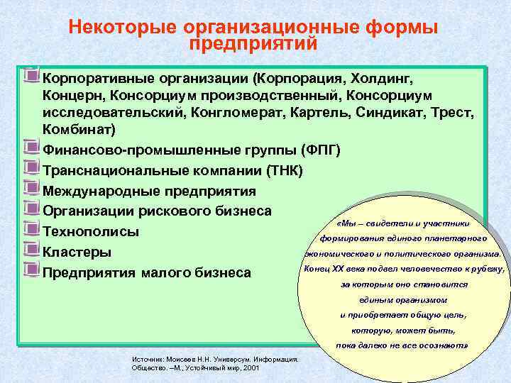 Некоторые организационные формы предприятий Корпоративные организации (Корпорация, Холдинг, Концерн, Консорциум производственный, Консорциум исследовательский, Конгломерат,