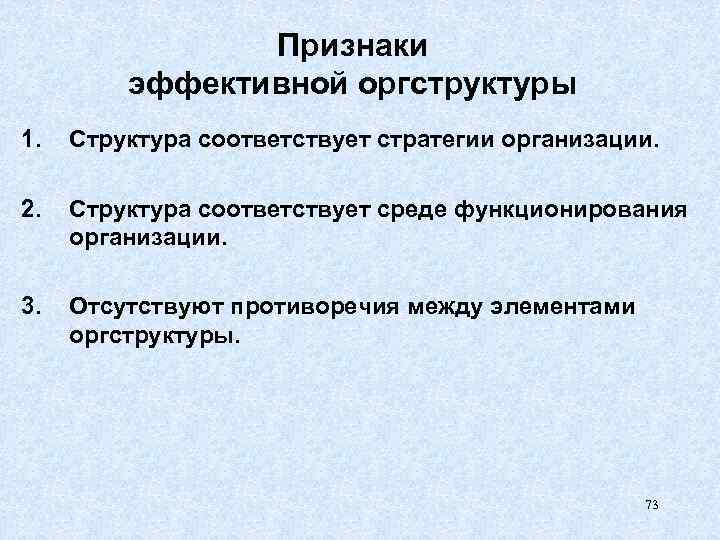 Признаки эффективной оргструктуры 1. Структура соответствует стратегии организации. 2. Структура соответствует среде функционирования организации.